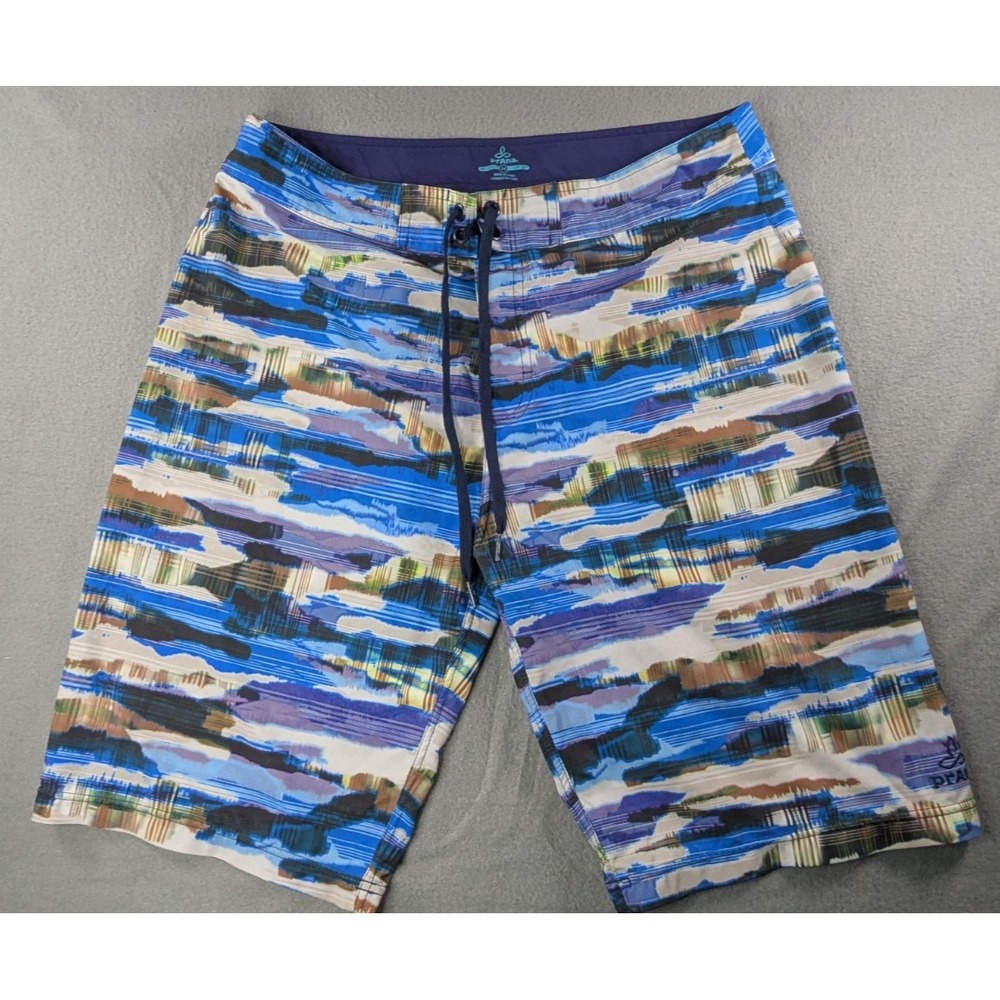 prAna Mens High Seas Board Shorts Size 34‎ Blue Abstract Geometric Swim Trunks